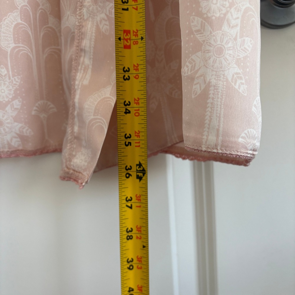 World Market Pink Kimono Robe Lace Trim Art Deco Palm Print 0/S NO BELT - Picture 4 of 5